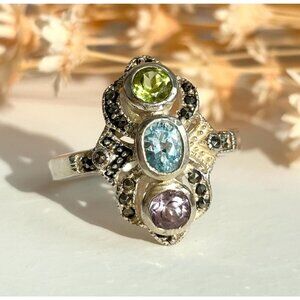 Art Deco Aquamarine, Peridot & Amethyst Vintage Sterling Silver Ring - sz 8